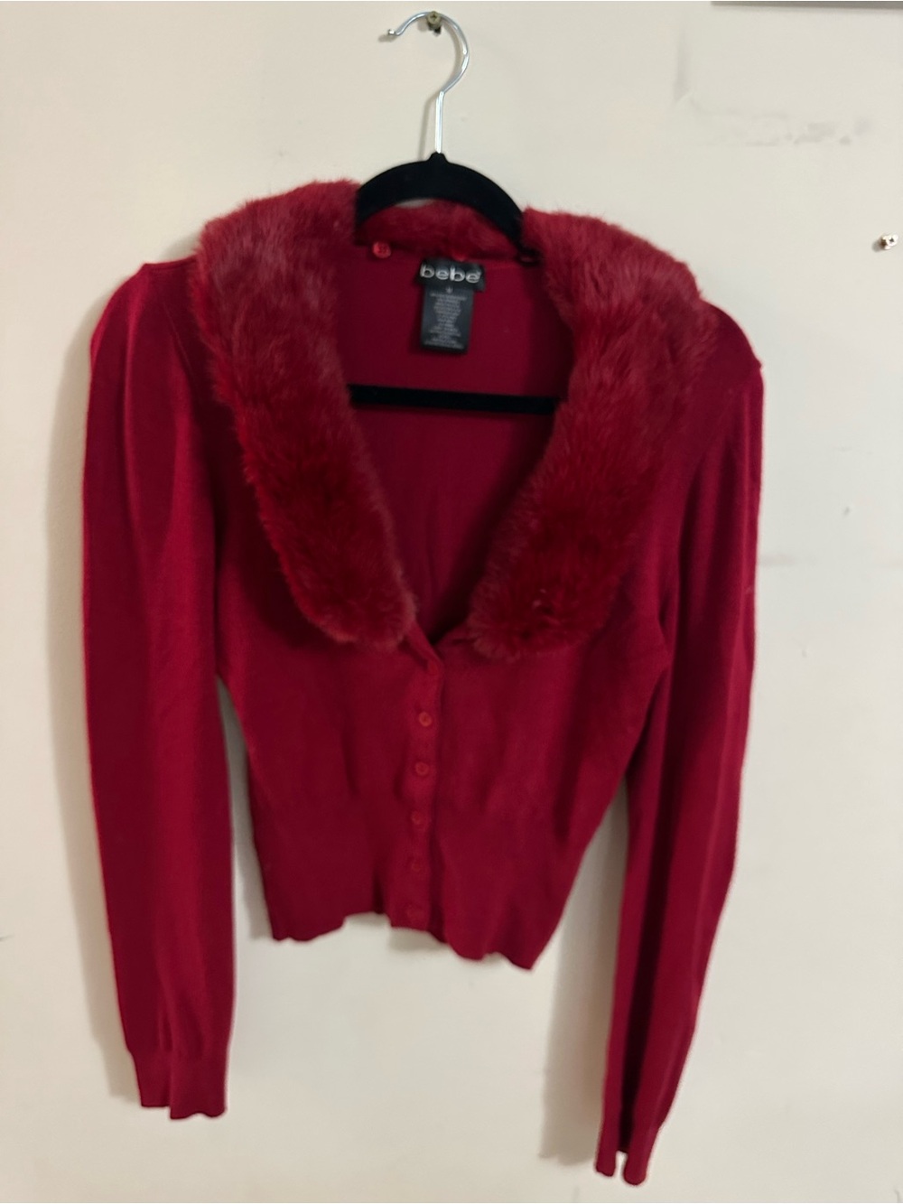 bebe Red Faux-Fur Collar Button-Front Cardigan